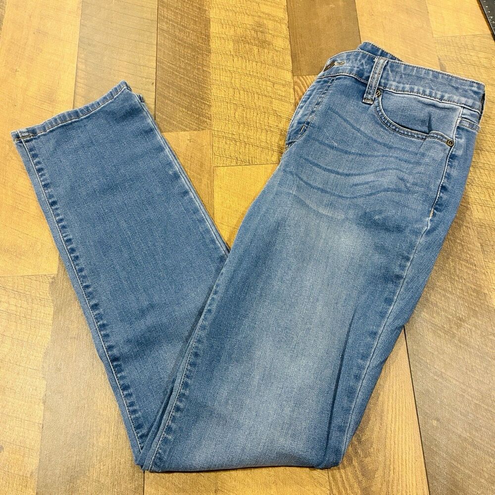 St Johns Bay Womens Straight Leg Jeans Wash Blue Stretch Denim Size 8 Long